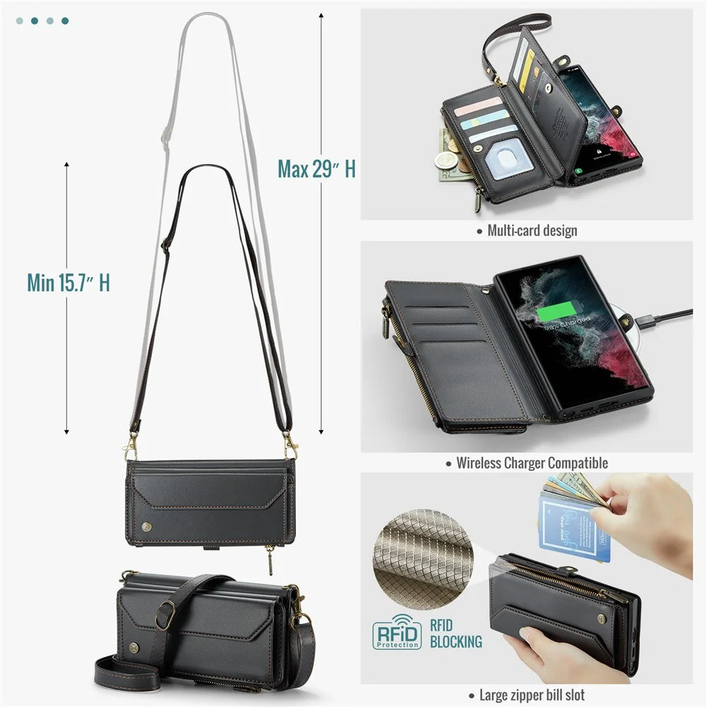 For Samsung Galaxy S22 Ultra 5G Leather Case CASEME C36 Zipper Multiple Card Slots Phone Cover with Straps - Black - 7