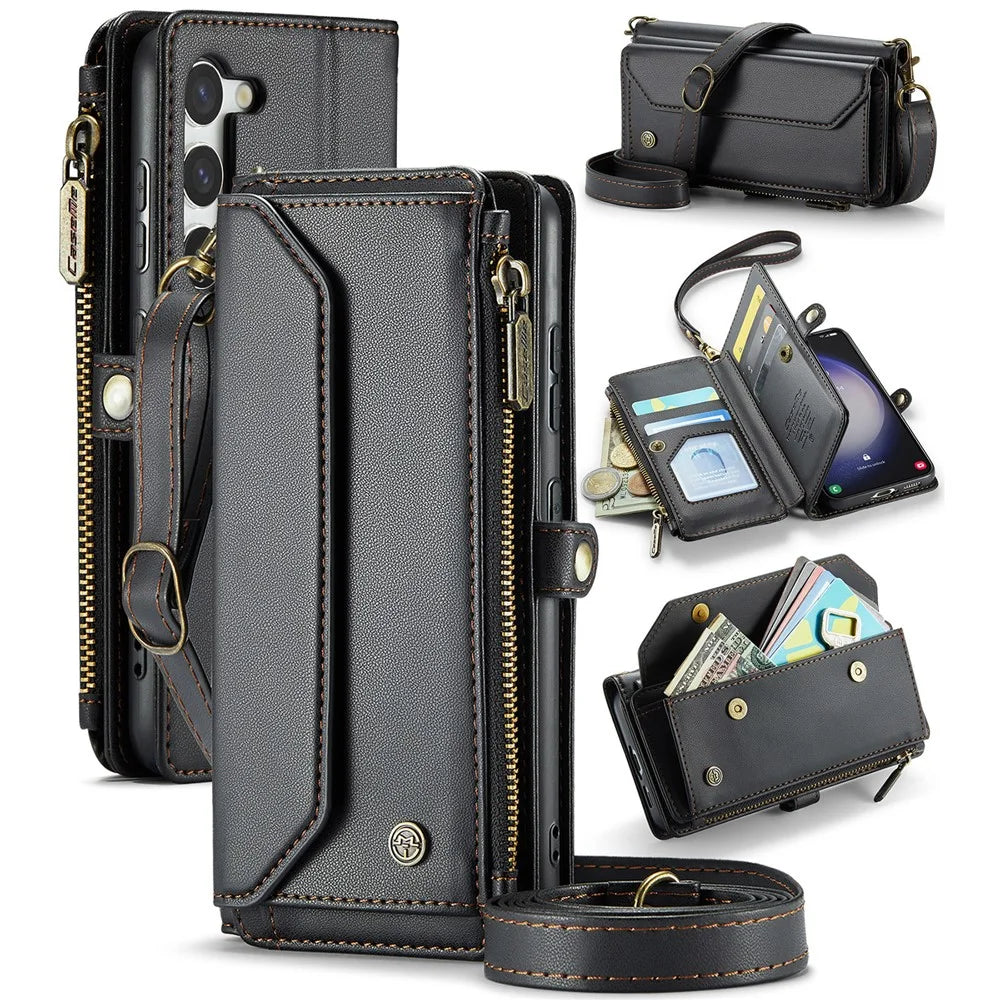 For Samsung Galaxy S23 Leather Case CASEME C36 Zipper Multiple Card Slots Phone Cover with Straps - Black - 1