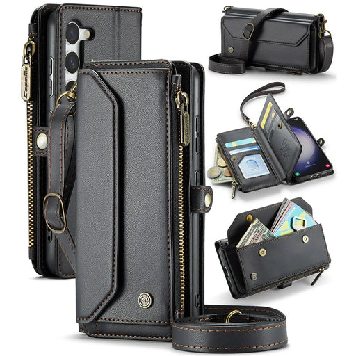 For Samsung Galaxy S23 Leather Case CASEME C36 Zipper Multiple Card Slots Phone Cover with Straps - Black - 1