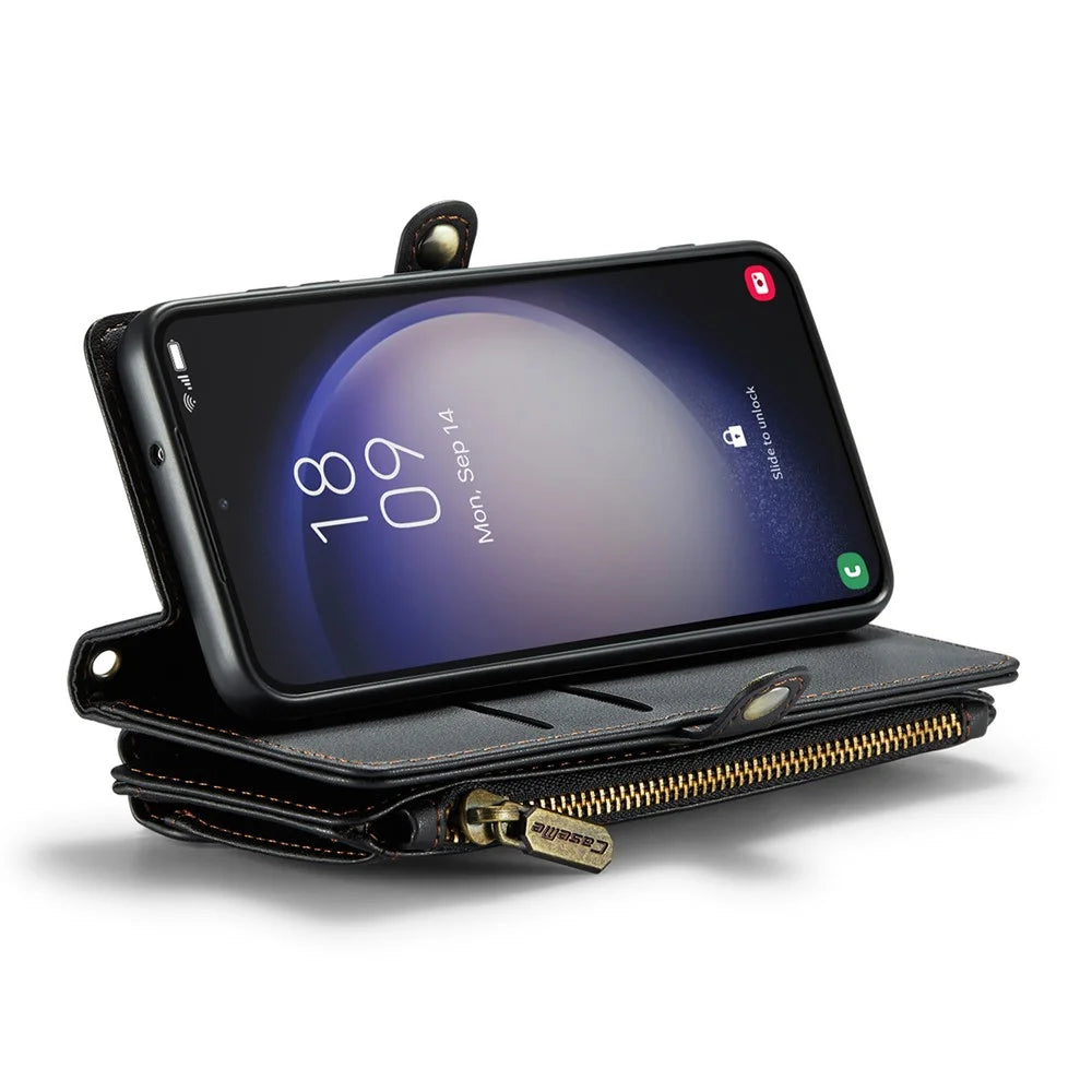 For Samsung Galaxy S23 Leather Case CASEME C36 Zipper Multiple Card Slots Phone Cover with Straps - Black - 3