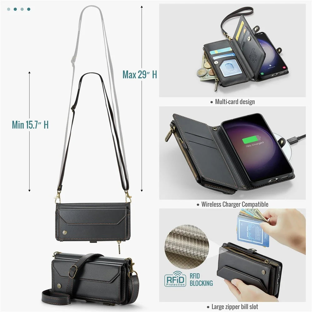 For Samsung Galaxy S23 Leather Case CASEME C36 Zipper Multiple Card Slots Phone Cover with Straps - Black - 7
