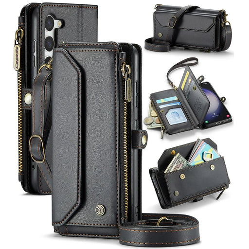 For Samsung Galaxy S23+ Leather Case CASEME C36 Zipper Multiple Card Slots Phone Cover with Straps - Black - 1