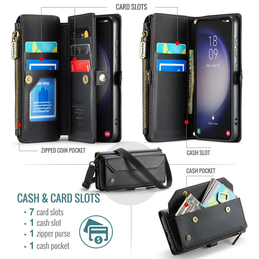 For Samsung Galaxy S23+ Leather Case CASEME C36 Zipper Multiple Card Slots Phone Cover with Straps - Black - 4