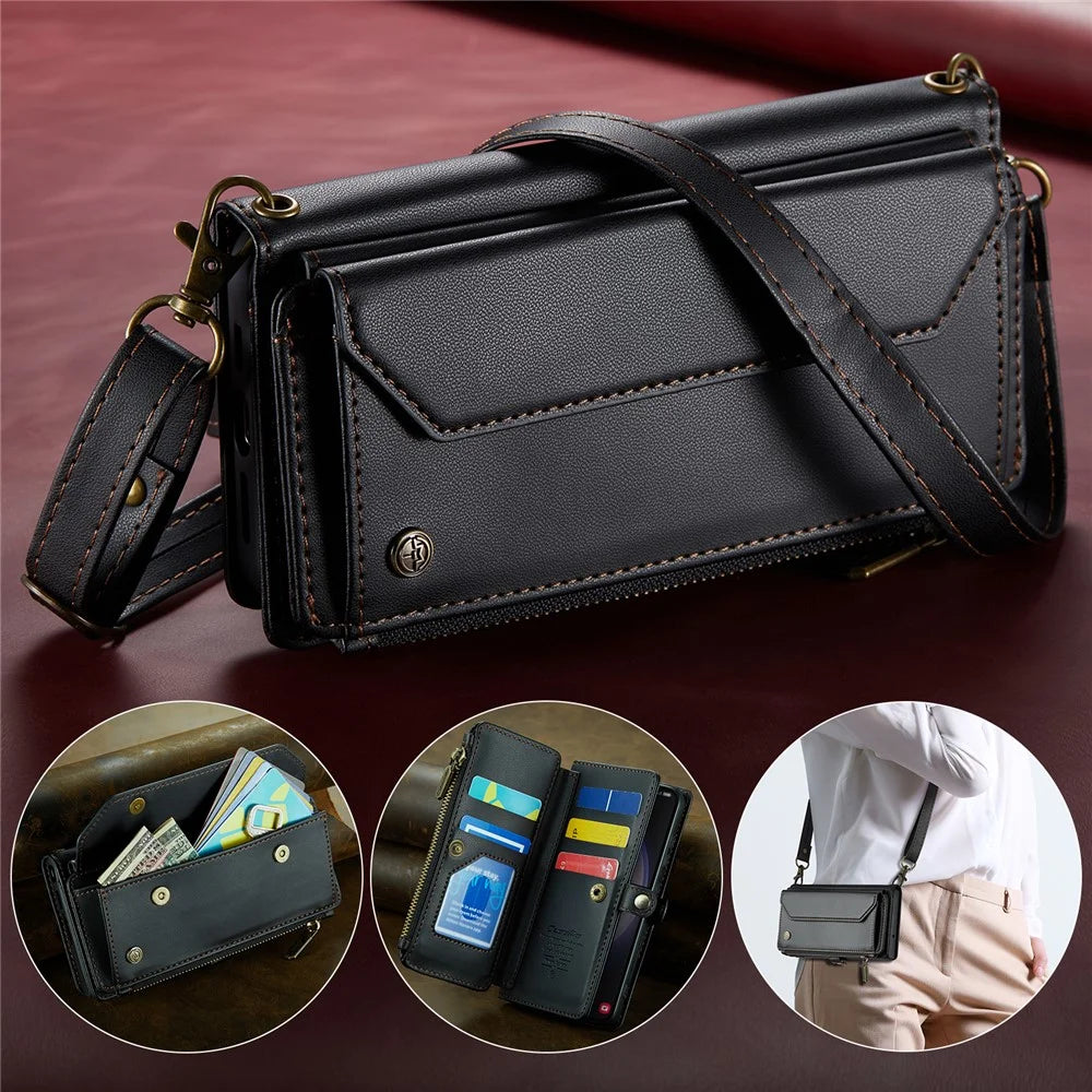 For Samsung Galaxy S23+ Leather Case CASEME C36 Zipper Multiple Card Slots Phone Cover with Straps - Black - 5