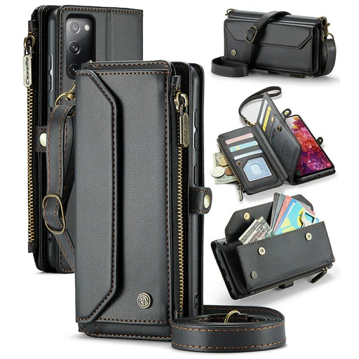 For Samsung Galaxy S20 FE / S20 FE 5G / S20 FE 2022 / S20 Lite Leather Case CASEME C36 Zipper Multiple Card Slots Phone Cover with Straps - Black - 1