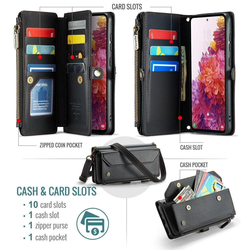 For Samsung Galaxy S20 FE / S20 FE 5G / S20 FE 2022 / S20 Lite Leather Case CASEME C36 Zipper Multiple Card Slots Phone Cover with Straps - Black - 4