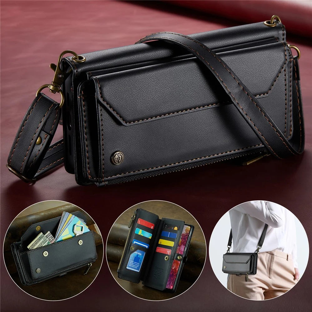 For Samsung Galaxy S20 FE / S20 FE 5G / S20 FE 2022 / S20 Lite Leather Case CASEME C36 Zipper Multiple Card Slots Phone Cover with Straps - Black - 5