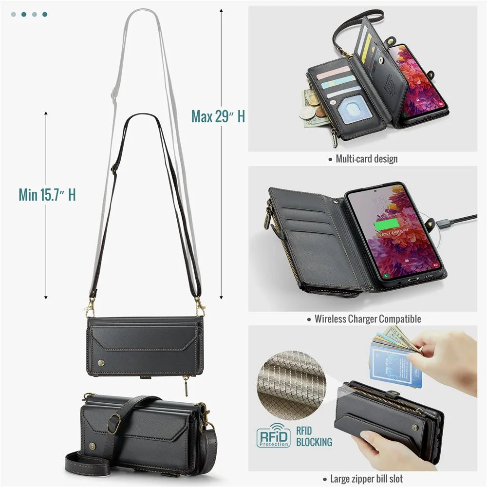 For Samsung Galaxy S20 FE / S20 FE 5G / S20 FE 2022 / S20 Lite Leather Case CASEME C36 Zipper Multiple Card Slots Phone Cover with Straps - Black - 6