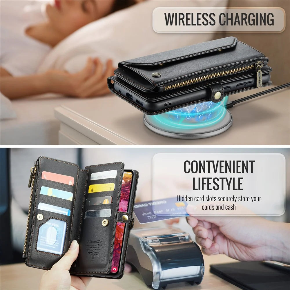 For Samsung Galaxy S20 FE / S20 FE 5G / S20 FE 2022 / S20 Lite Leather Case CASEME C36 Zipper Multiple Card Slots Phone Cover with Straps - Black - 7