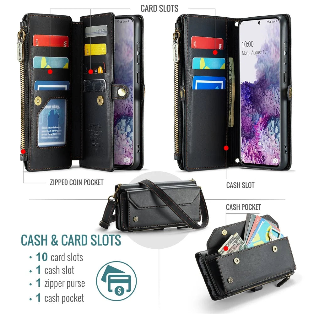 For Samsung Galaxy S20 Plus 5G / 4G Leather Case CASEME C36 Zipper Multiple Card Slots Phone Cover with Straps - Black - 4