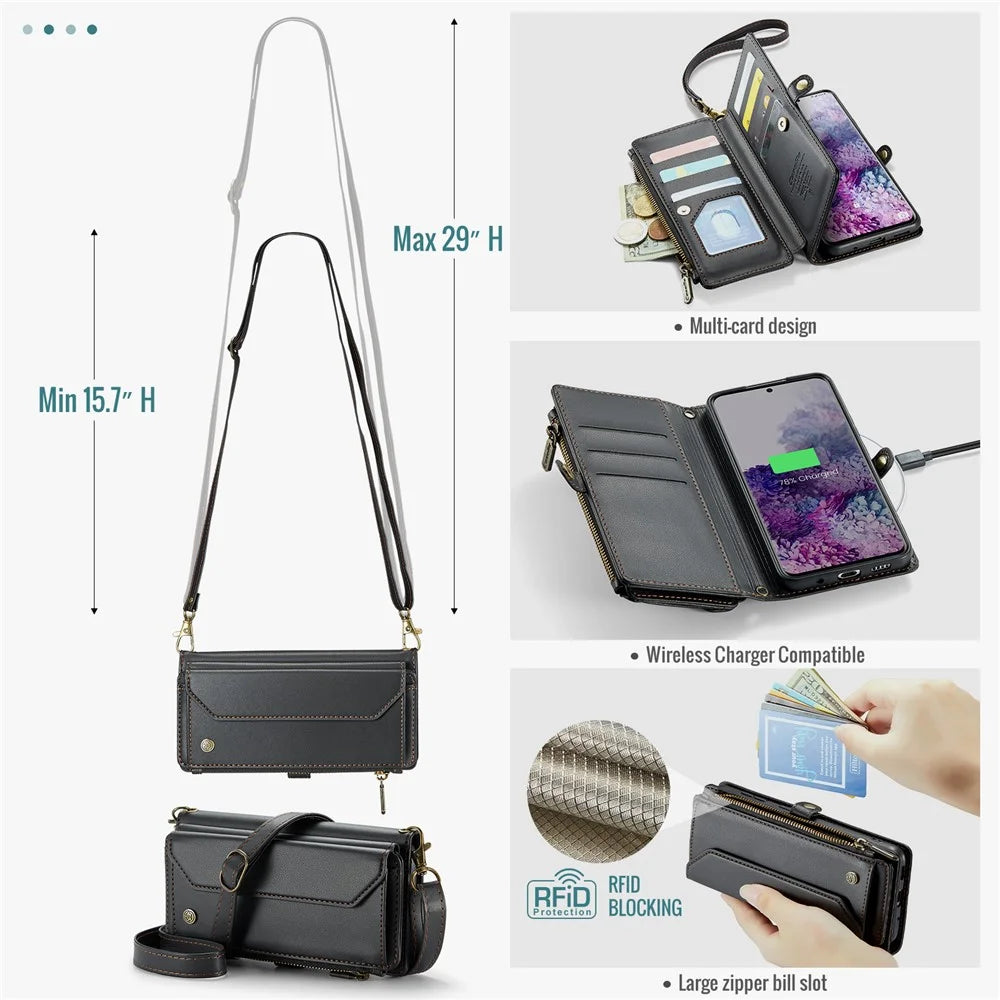 For Samsung Galaxy S20 Plus 5G / 4G Leather Case CASEME C36 Zipper Multiple Card Slots Phone Cover with Straps - Black - 7