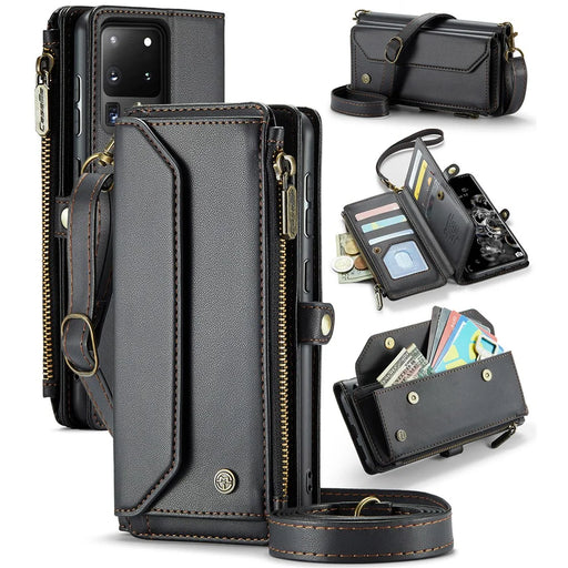 For Samsung Galaxy S20 Ultra Leather Case CASEME C36 Zipper Multiple Card Slots Phone Cover with Straps - Black - 1