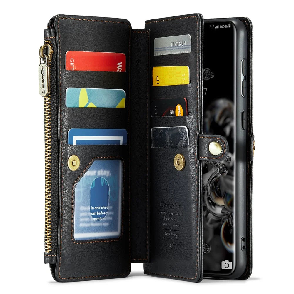 For Samsung Galaxy S20 Ultra Leather Case CASEME C36 Zipper Multiple Card Slots Phone Cover with Straps - Black - 2