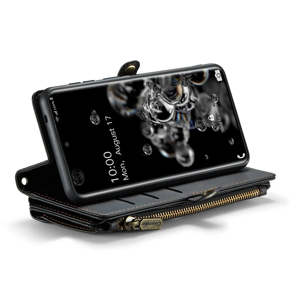 For Samsung Galaxy S20 Ultra Leather Case CASEME C36 Zipper Multiple Card Slots Phone Cover with Straps - Black - 3