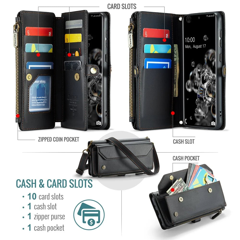 For Samsung Galaxy S20 Ultra Leather Case CASEME C36 Zipper Multiple Card Slots Phone Cover with Straps - Black - 4