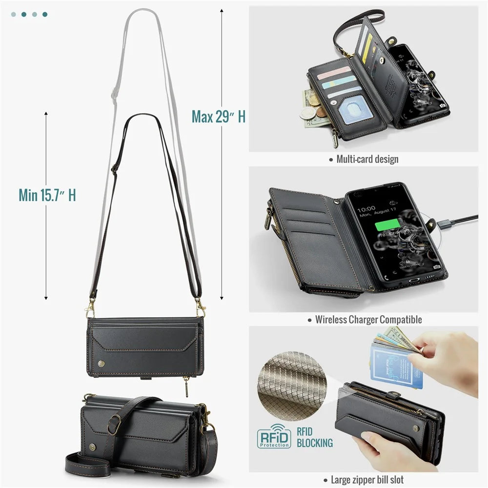 For Samsung Galaxy S20 Ultra Leather Case CASEME C36 Zipper Multiple Card Slots Phone Cover with Straps - Black - 7