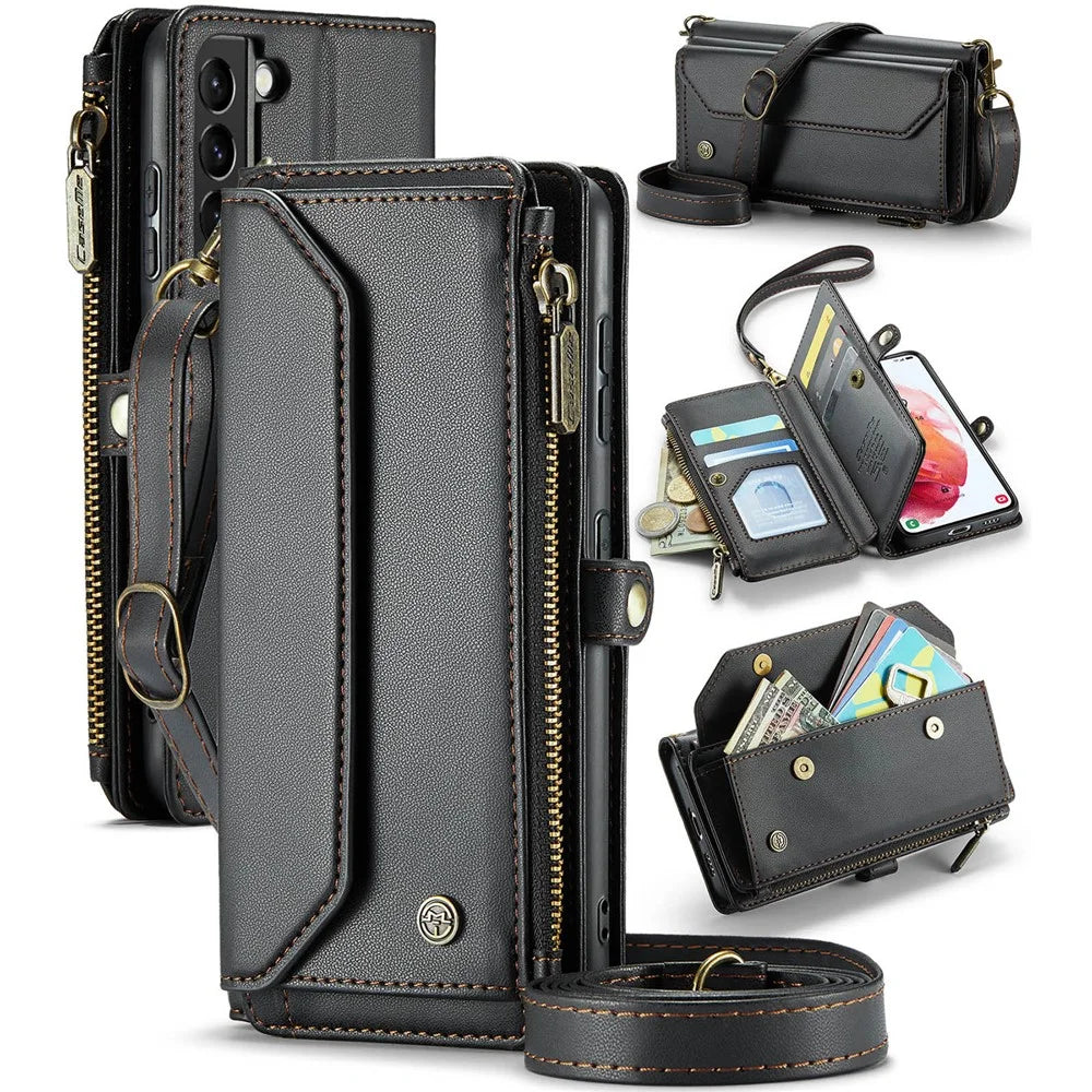For Samsung Galaxy S21 5G / 4G Leather Case CASEME C36 Zipper Multiple Card Slots Phone Cover with Straps - Black - 1