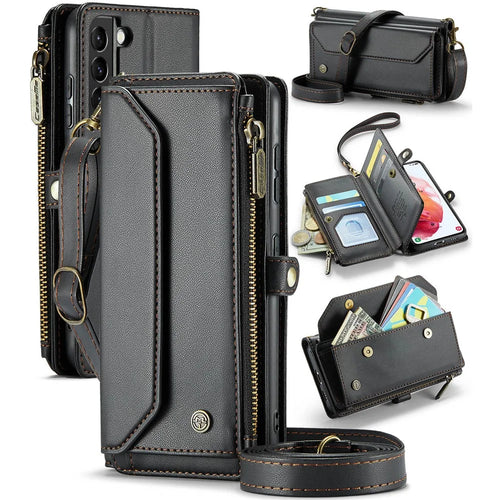 For Samsung Galaxy S21 5G / 4G Leather Case CASEME C36 Zipper Multiple Card Slots Phone Cover with Straps - Black - 1