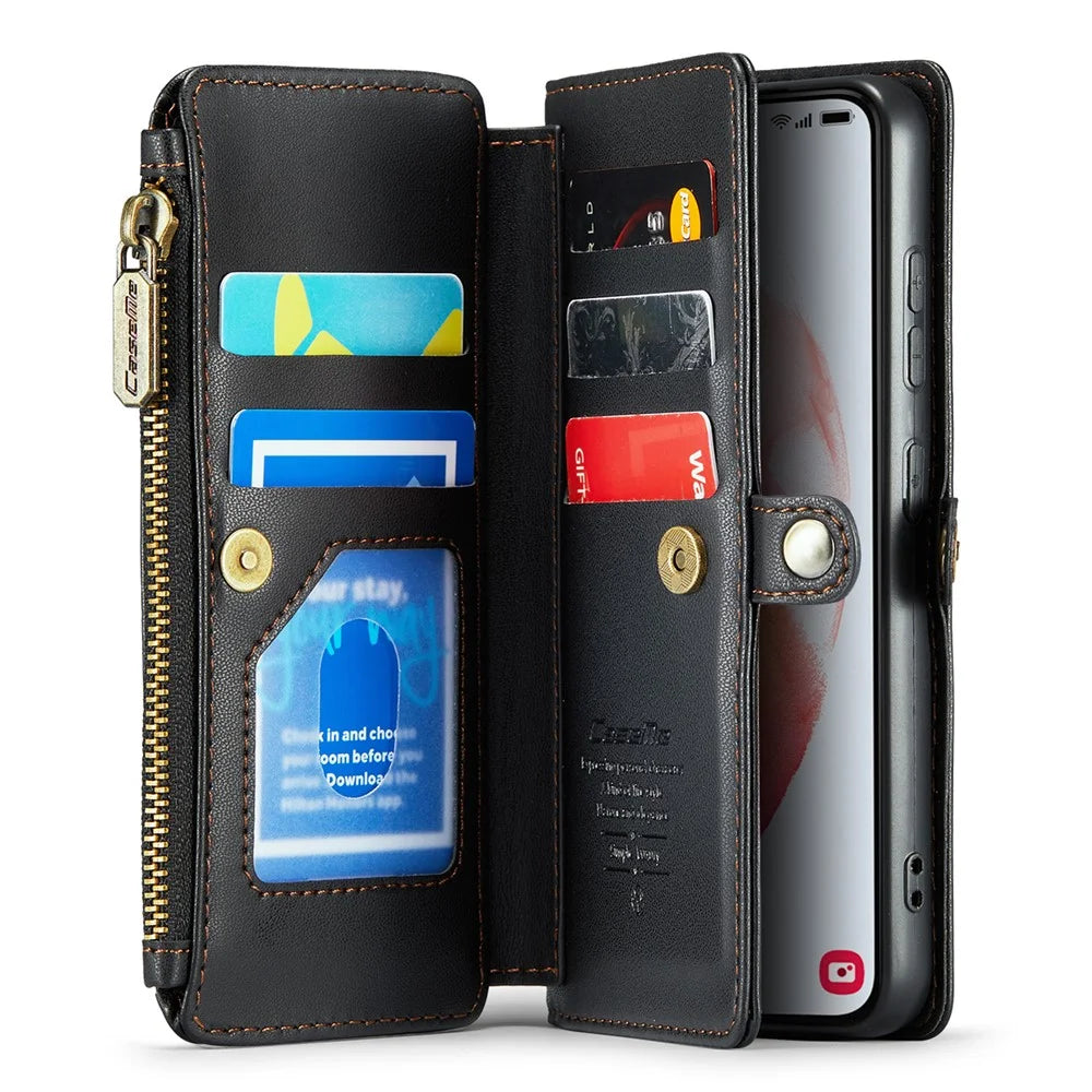 For Samsung Galaxy S21 5G / 4G Leather Case CASEME C36 Zipper Multiple Card Slots Phone Cover with Straps - Black - 2