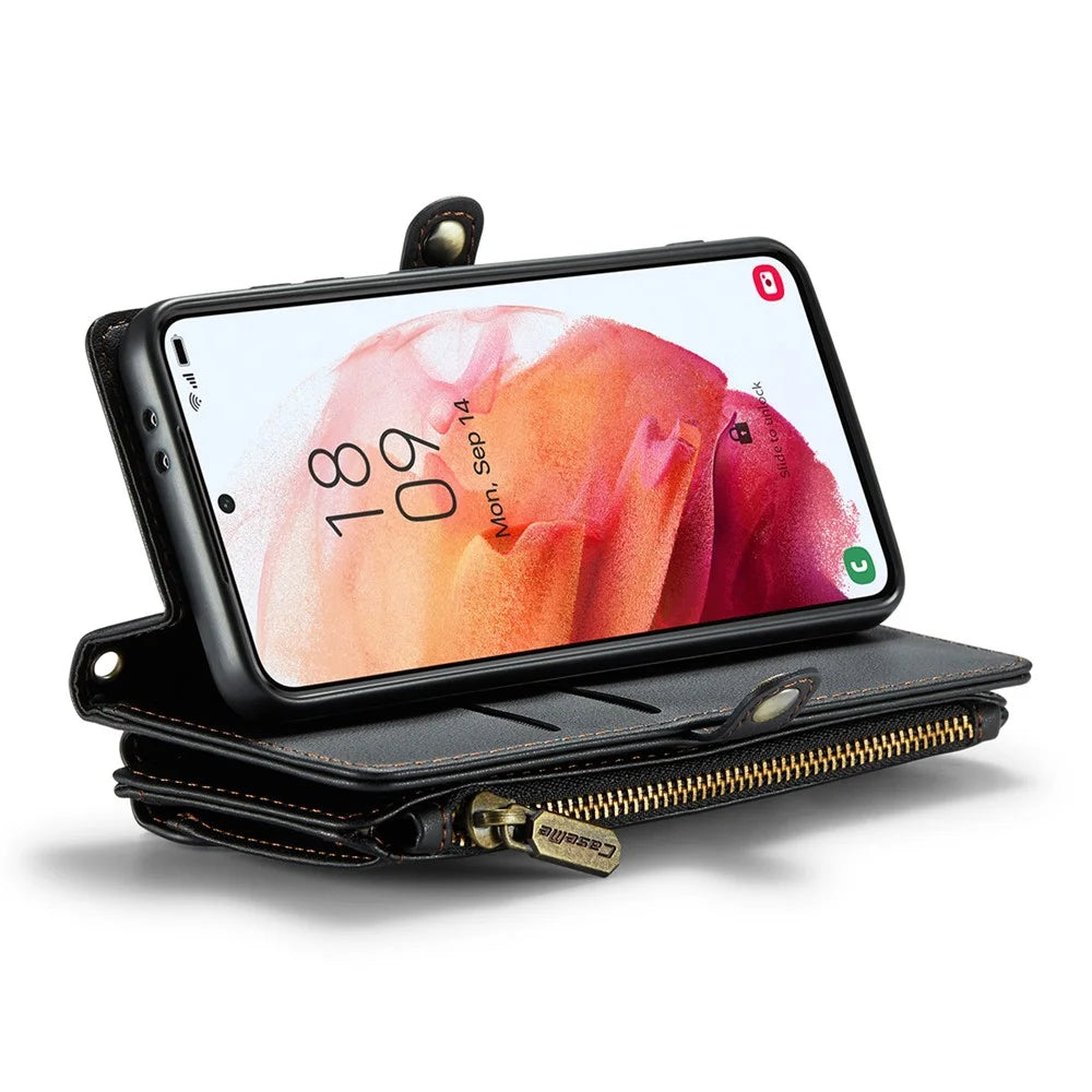 For Samsung Galaxy S21 5G / 4G Leather Case CASEME C36 Zipper Multiple Card Slots Phone Cover with Straps - Black - 3