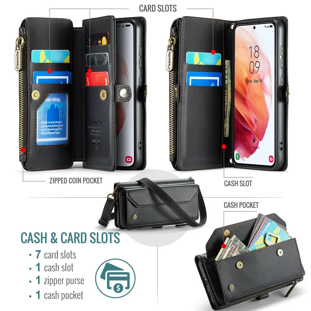 For Samsung Galaxy S21 5G / 4G Leather Case CASEME C36 Zipper Multiple Card Slots Phone Cover with Straps - Black - 4