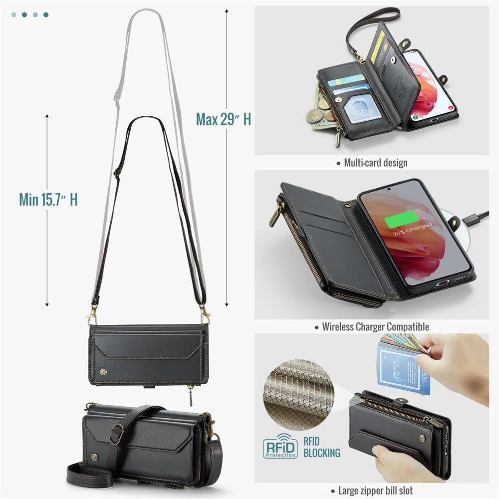 For Samsung Galaxy S21 5G / 4G Leather Case CASEME C36 Zipper Multiple Card Slots Phone Cover with Straps - Black - 7
