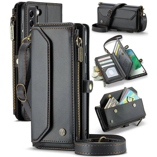 For Samsung Galaxy S21 FE 5G Leather Case CASEME C36 Zipper Multiple Card Slots Phone Cover with Straps - Black - 1