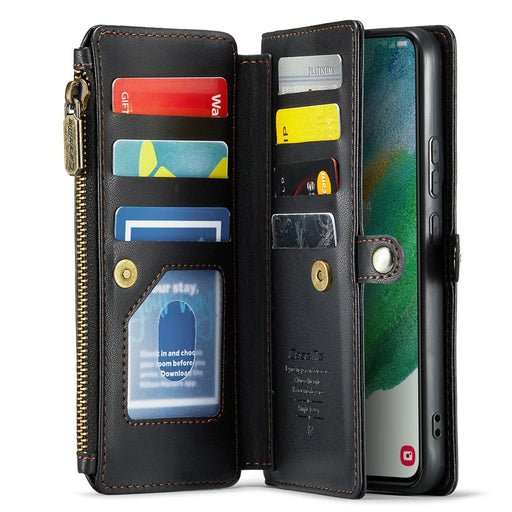 For Samsung Galaxy S21 FE 5G Leather Case CASEME C36 Zipper Multiple Card Slots Phone Cover with Straps - Black - 2