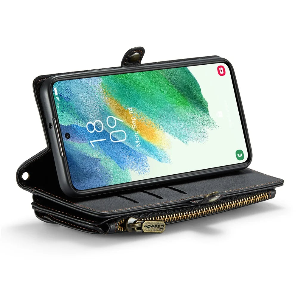 For Samsung Galaxy S21 FE 5G Leather Case CASEME C36 Zipper Multiple Card Slots Phone Cover with Straps - Black - 3