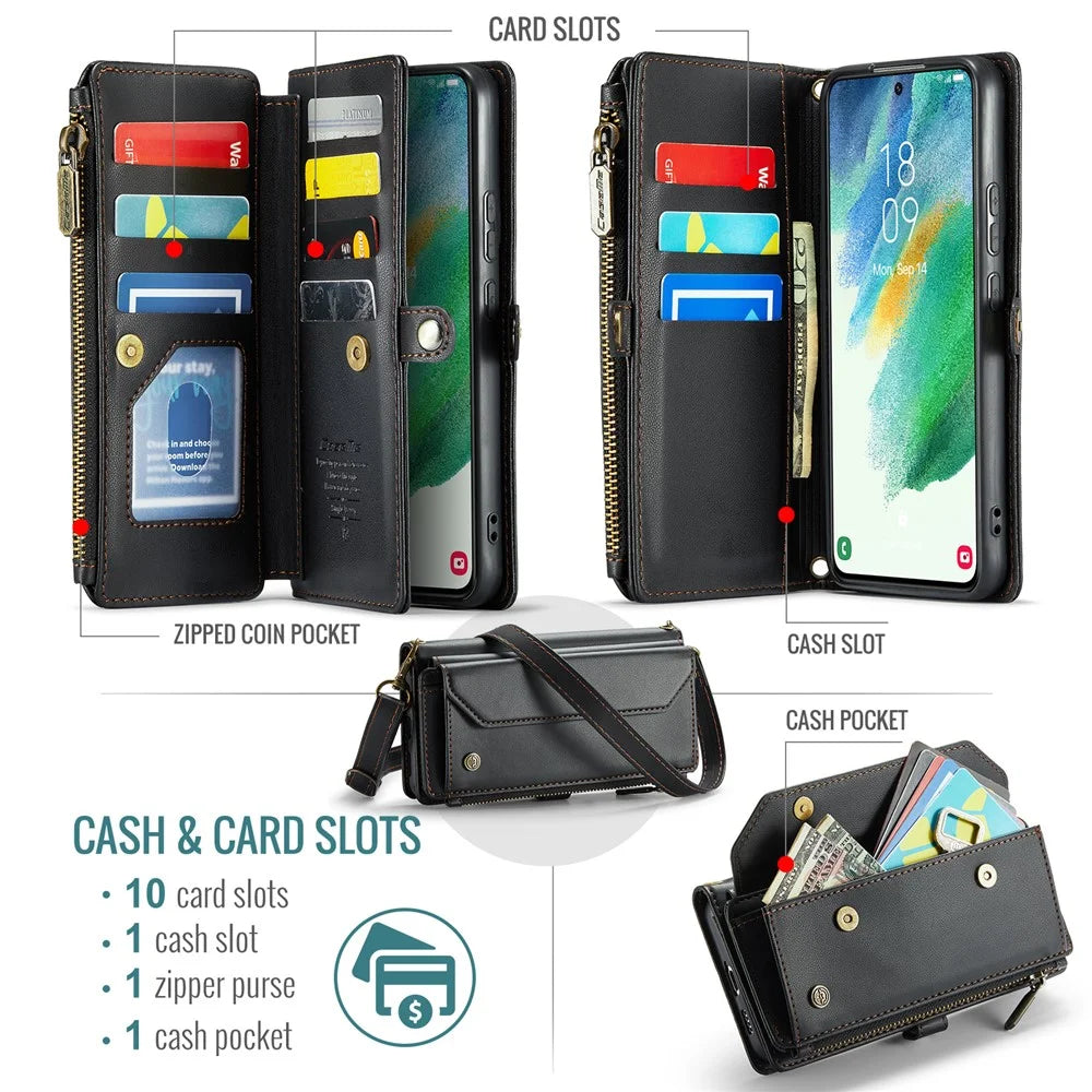 For Samsung Galaxy S21 FE 5G Leather Case CASEME C36 Zipper Multiple Card Slots Phone Cover with Straps - Black - 4