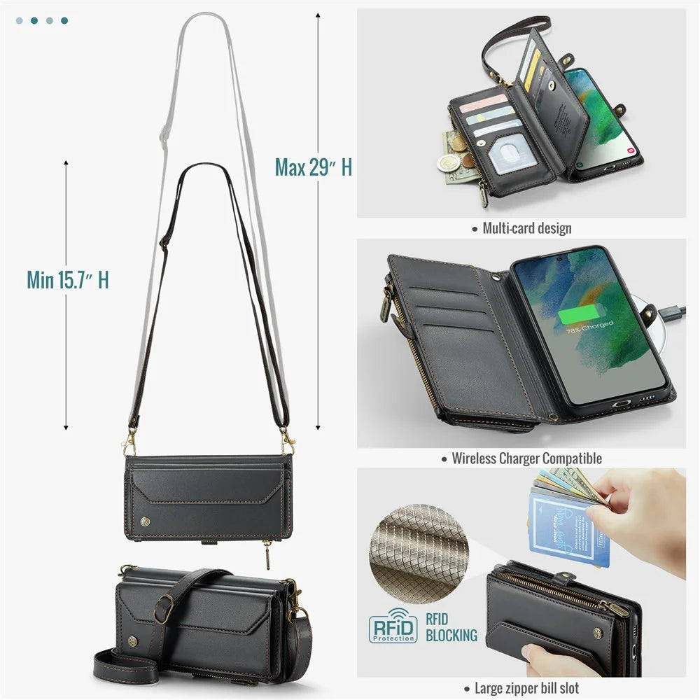 For Samsung Galaxy S21 FE 5G Leather Case CASEME C36 Zipper Multiple Card Slots Phone Cover with Straps - Black - 7