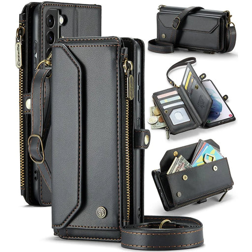 For Samsung Galaxy S21+ 5G Leather Case CASEME C36 Zipper Multiple Card Slots Phone Cover with Straps - Black - 1