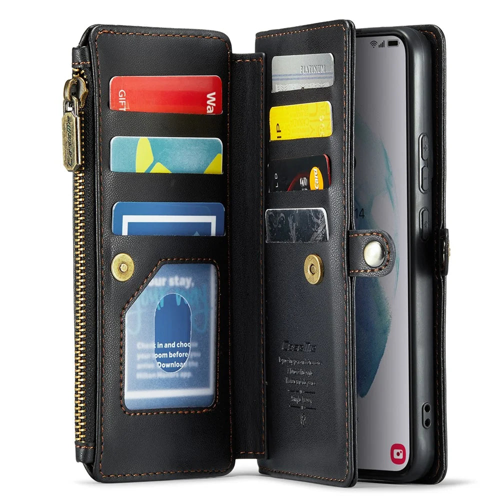 For Samsung Galaxy S21+ 5G Leather Case CASEME C36 Zipper Multiple Card Slots Phone Cover with Straps - Black - 2