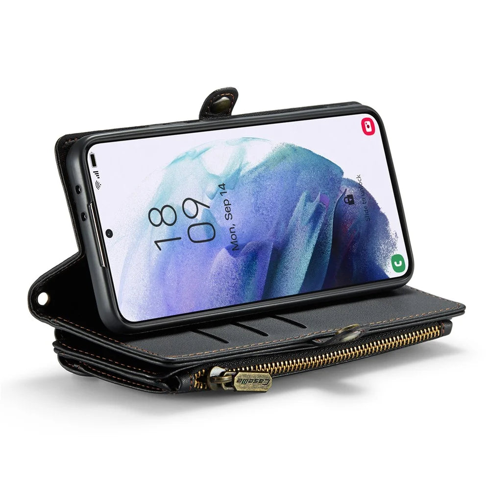 For Samsung Galaxy S21+ 5G Leather Case CASEME C36 Zipper Multiple Card Slots Phone Cover with Straps - Black - 3