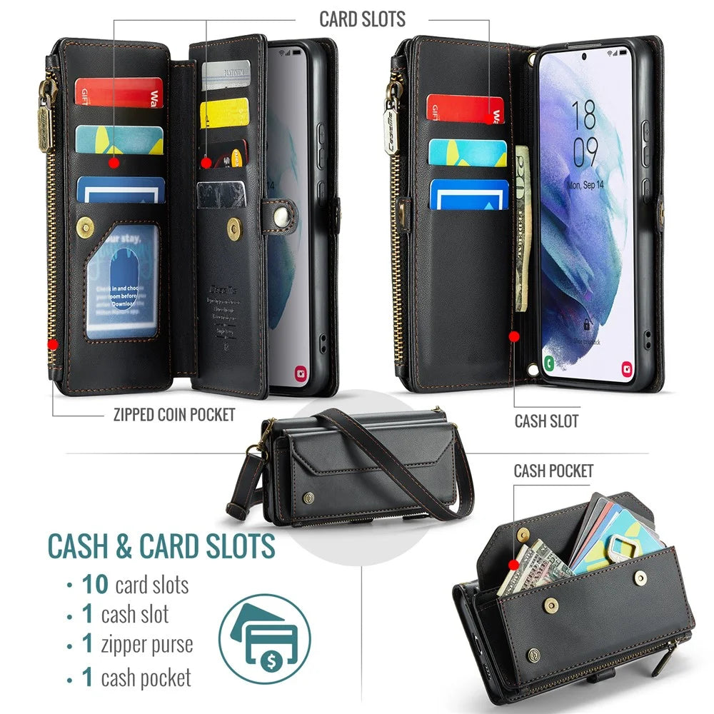 For Samsung Galaxy S21+ 5G Leather Case CASEME C36 Zipper Multiple Card Slots Phone Cover with Straps - Black - 4