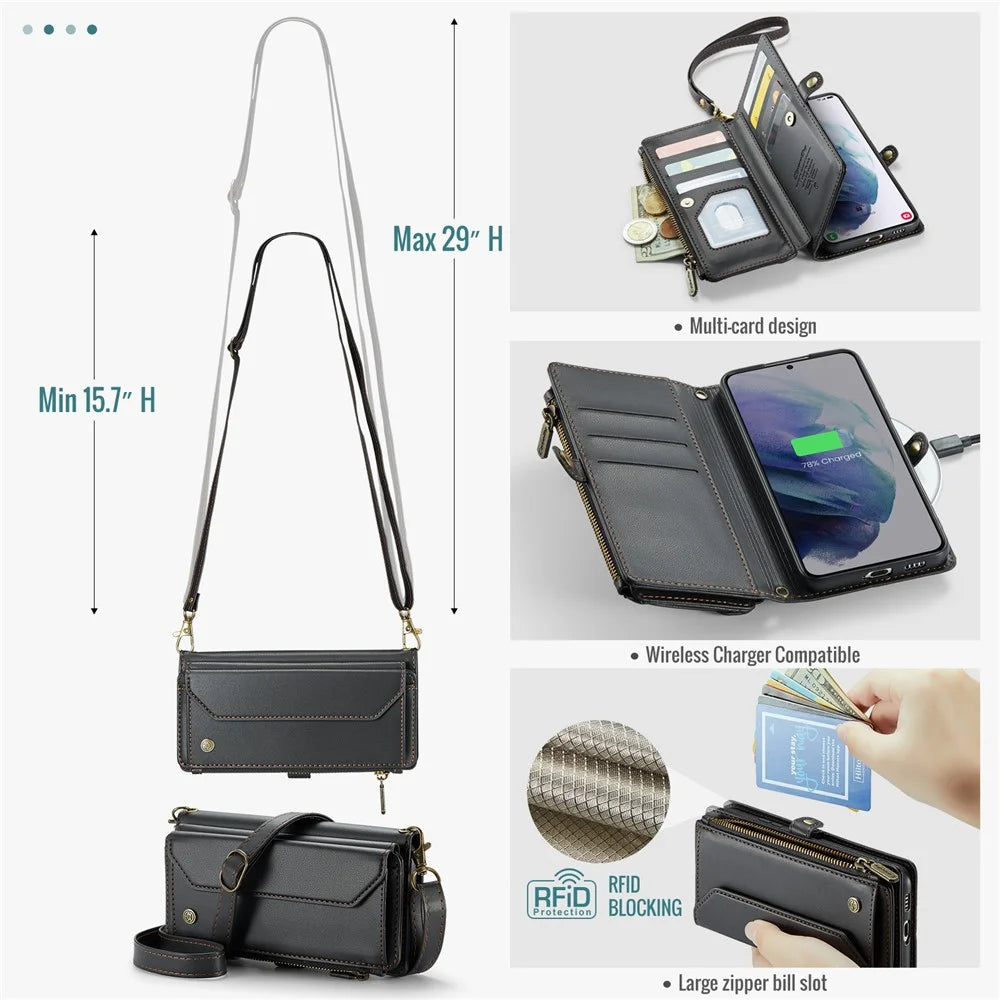 For Samsung Galaxy S21+ 5G Leather Case CASEME C36 Zipper Multiple Card Slots Phone Cover with Straps - Black - 7