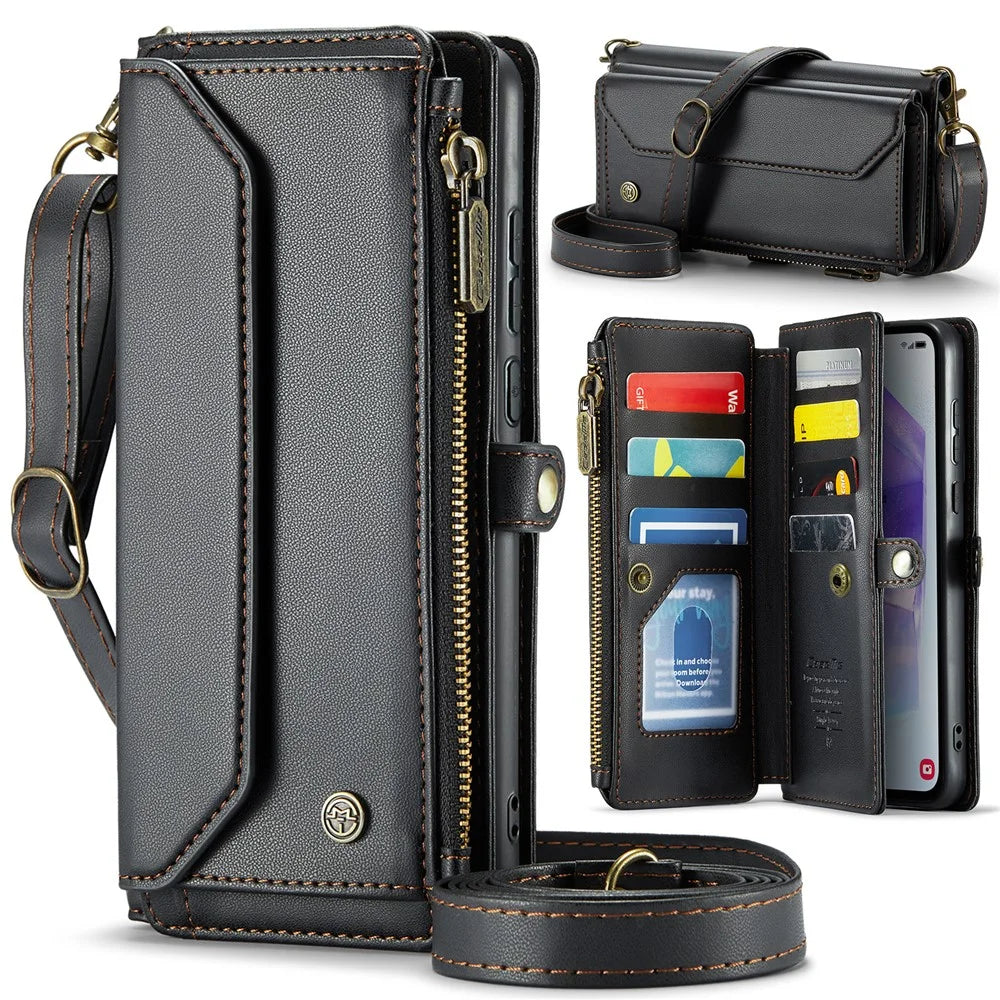 For Samsung Galaxy A55 5G Leather Case CASEME C36 Zipper Multiple Card Slots Phone Cover with Straps - Black - 1