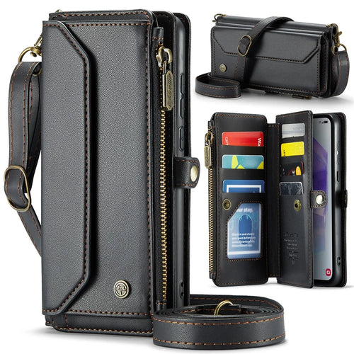 For Samsung Galaxy A55 5G Leather Case CASEME C36 Zipper Multiple Card Slots Phone Cover with Straps - Black - 1
