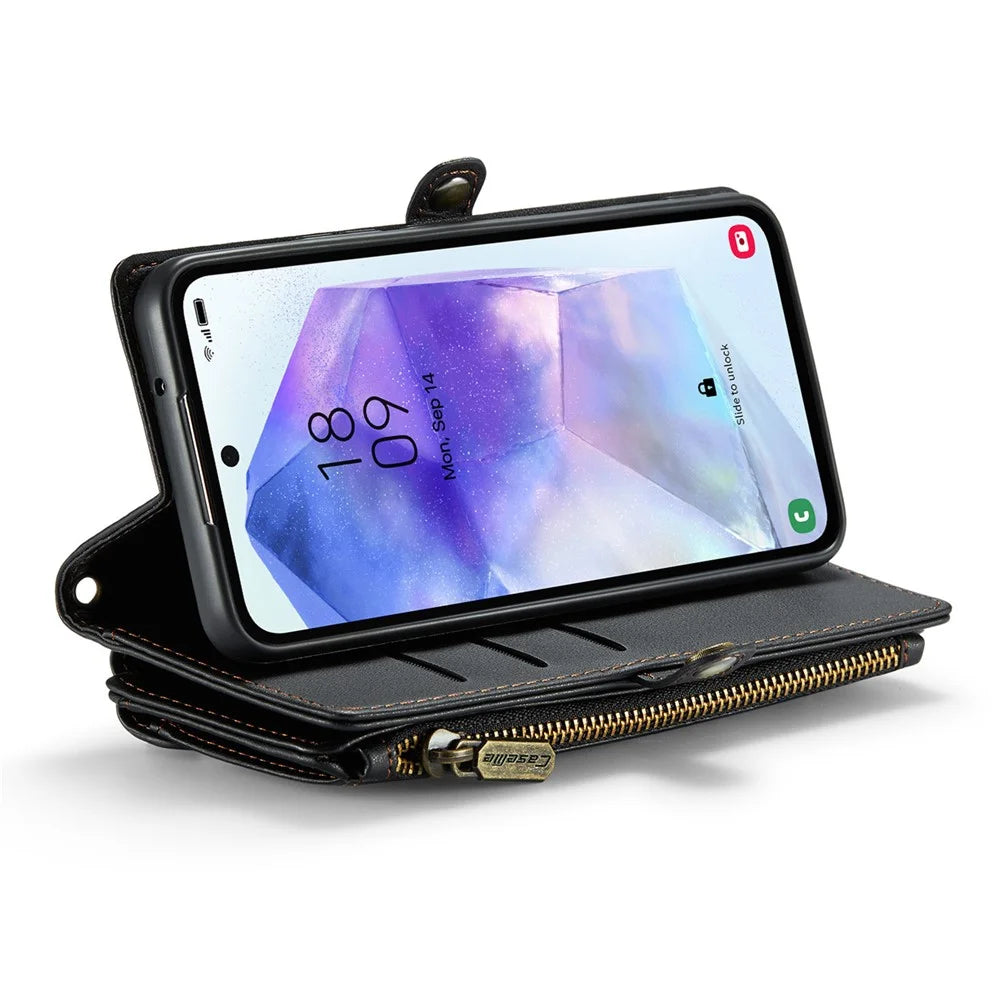 For Samsung Galaxy A55 5G Leather Case CASEME C36 Zipper Multiple Card Slots Phone Cover with Straps - Black - 3