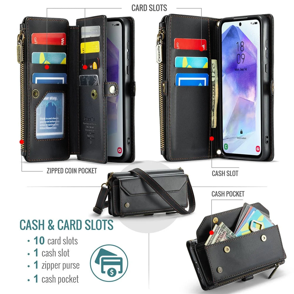 For Samsung Galaxy A55 5G Leather Case CASEME C36 Zipper Multiple Card Slots Phone Cover with Straps - Black - 4