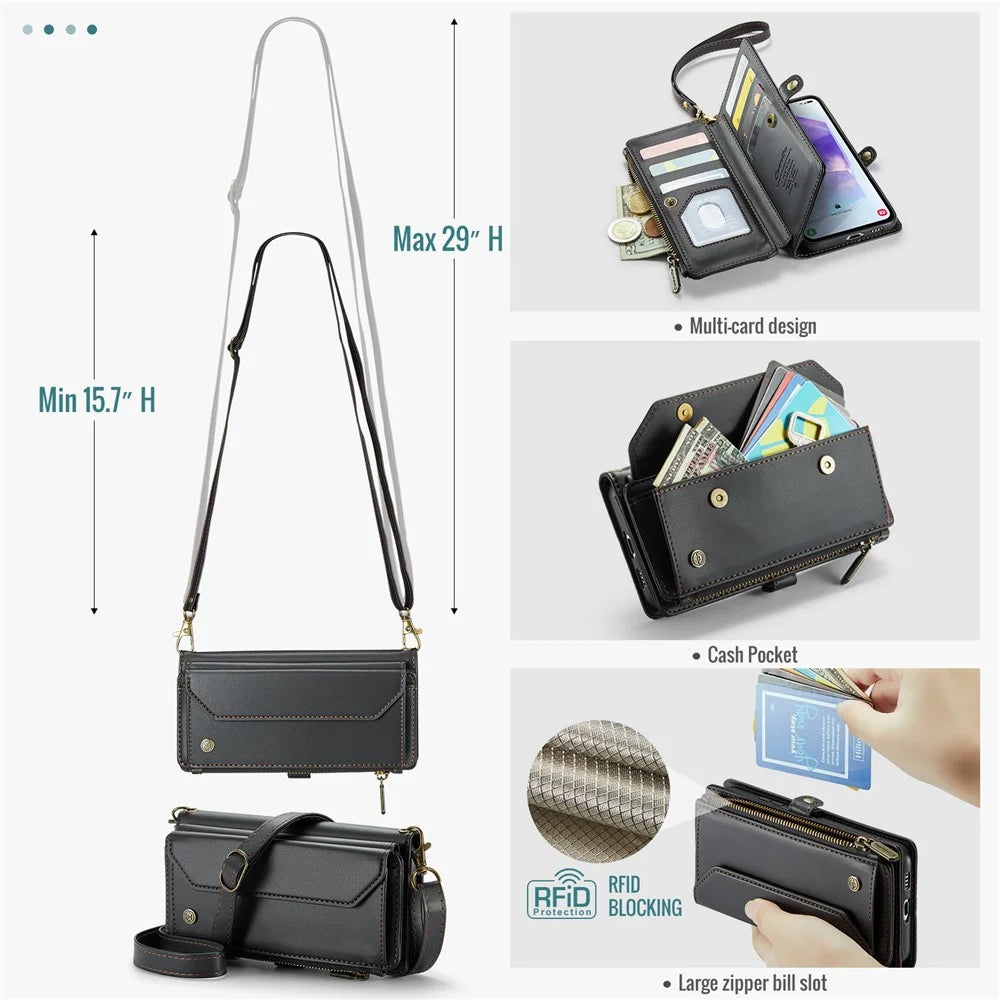 For Samsung Galaxy A55 5G Leather Case CASEME C36 Zipper Multiple Card Slots Phone Cover with Straps - Black - 6