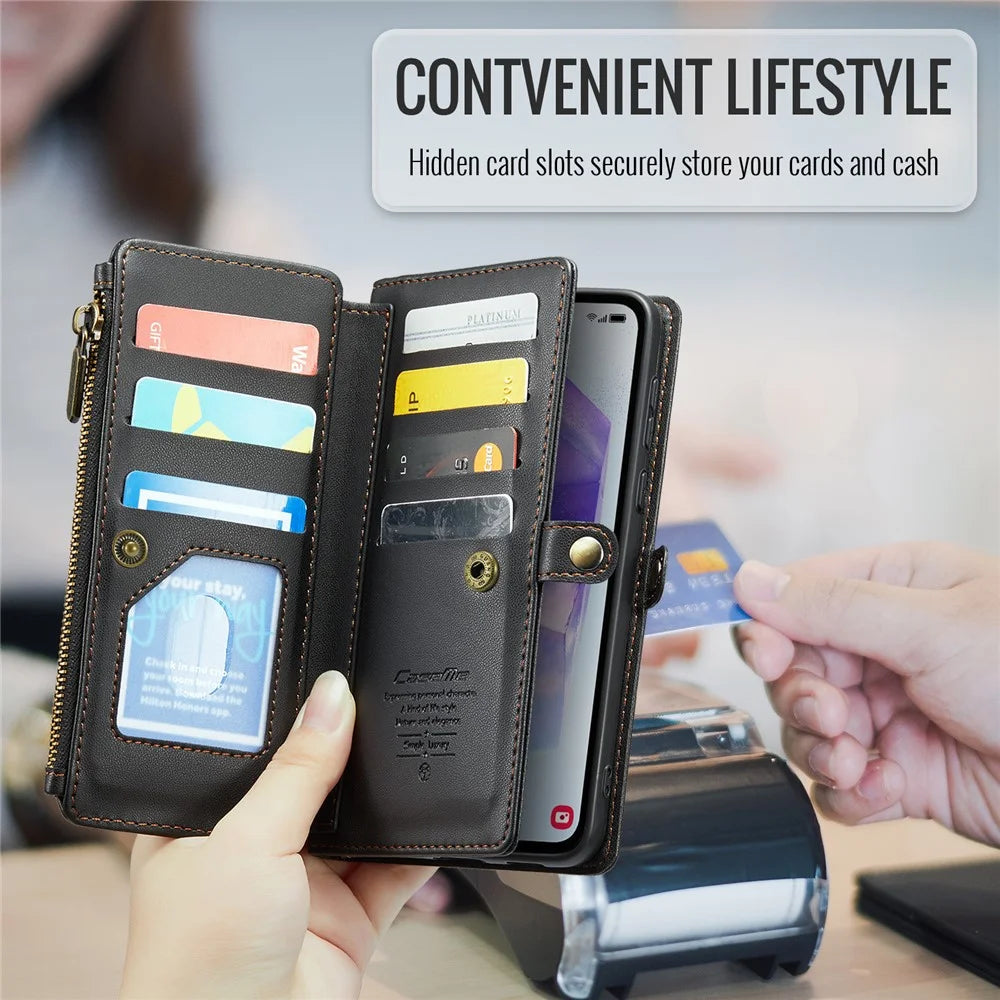 For Samsung Galaxy A55 5G Leather Case CASEME C36 Zipper Multiple Card Slots Phone Cover with Straps - Black - 7