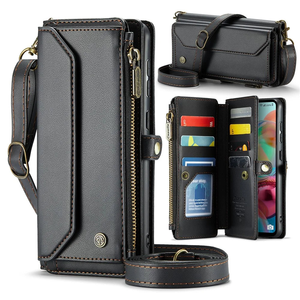 For Samsung Galaxy A71 4G SM-A715 Leather Case CASEME C36 Zipper Multiple Card Slots Phone Cover with Straps - Black - 1