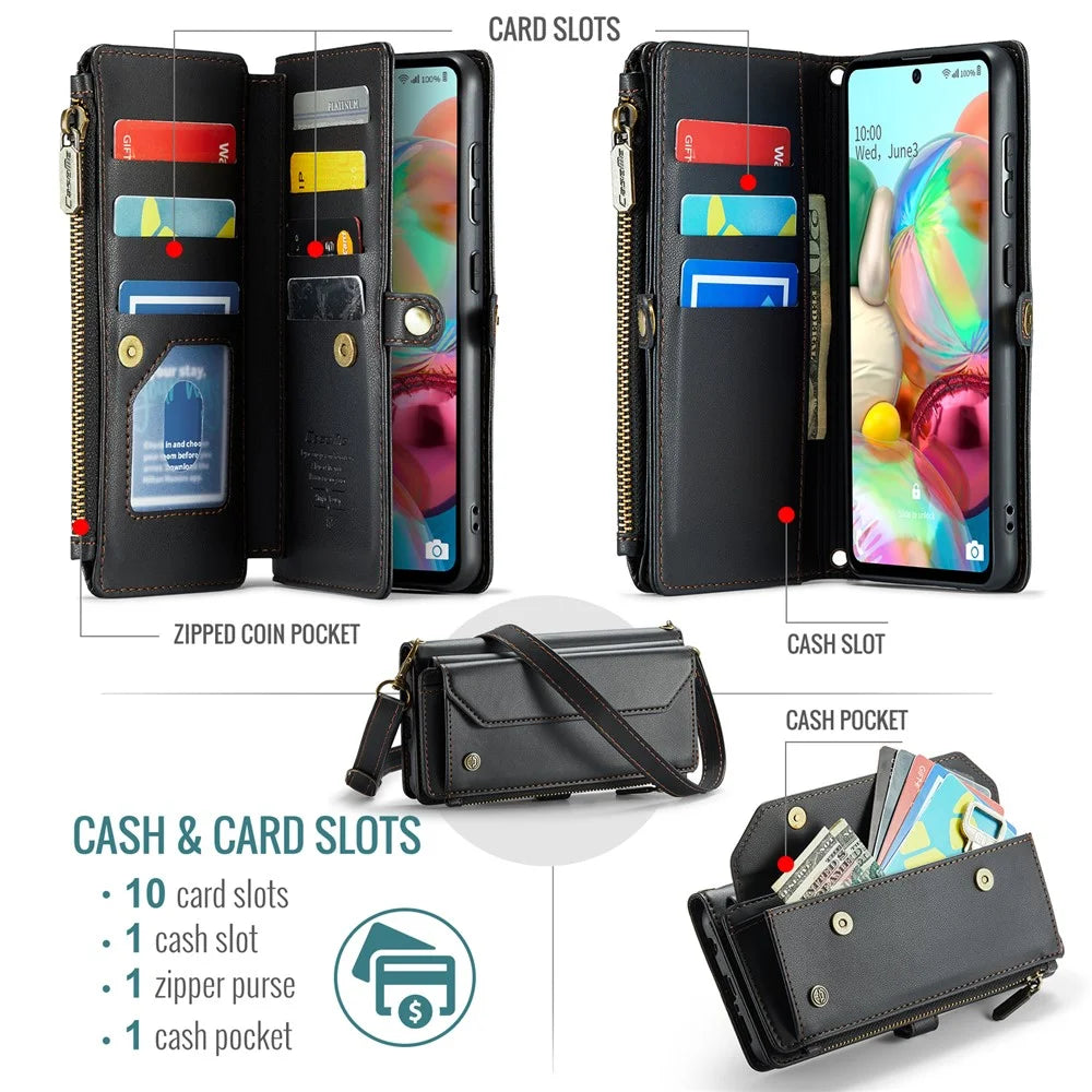 For Samsung Galaxy A71 4G SM-A715 Leather Case CASEME C36 Zipper Multiple Card Slots Phone Cover with Straps - Black - 4