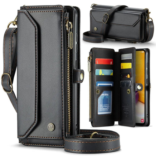 For Samsung Galaxy A72 4G Leather Case CASEME C36 Zipper Multiple Card Slots Phone Cover with Straps - Black - 1