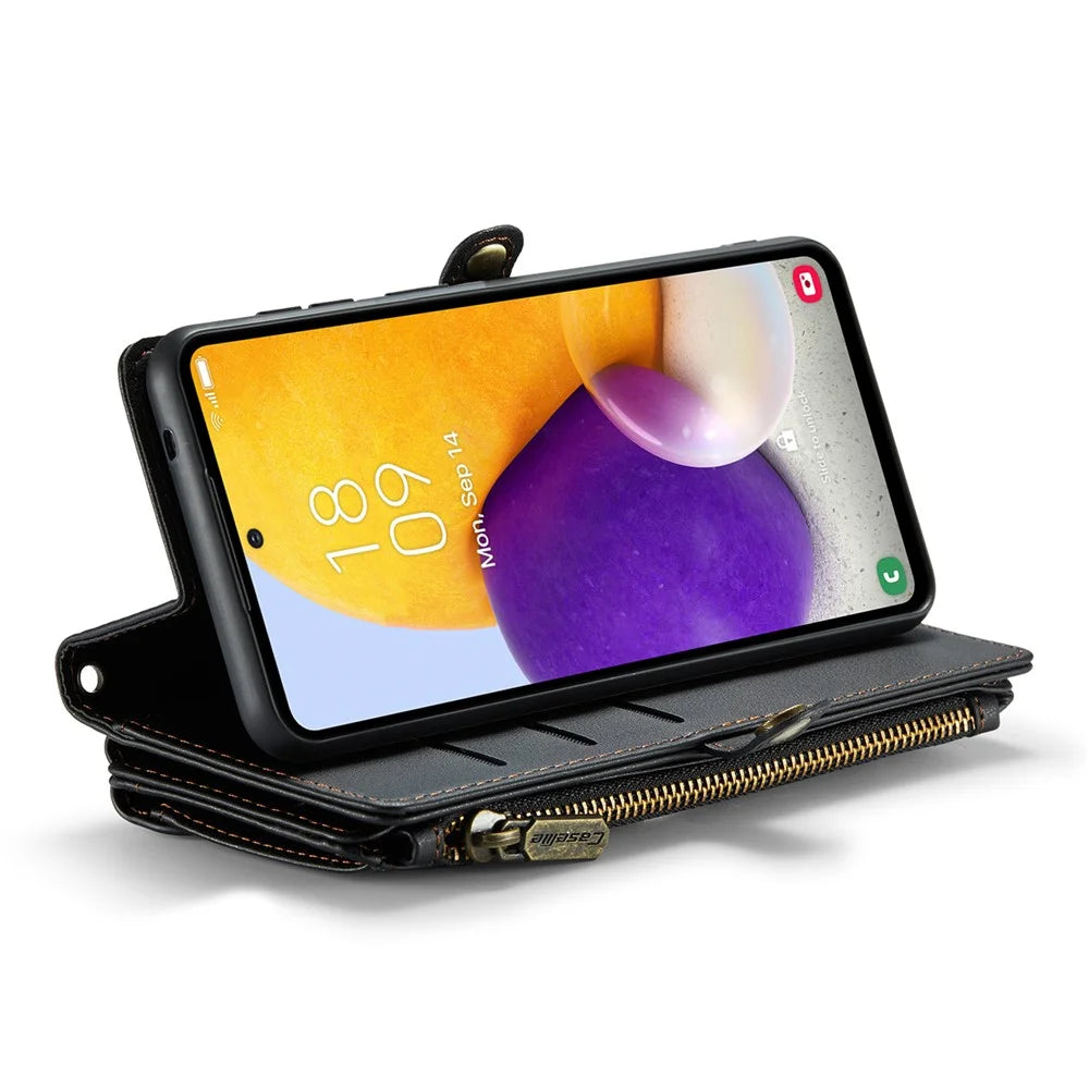 For Samsung Galaxy A72 4G Leather Case CASEME C36 Zipper Multiple Card Slots Phone Cover with Straps - Black - 3
