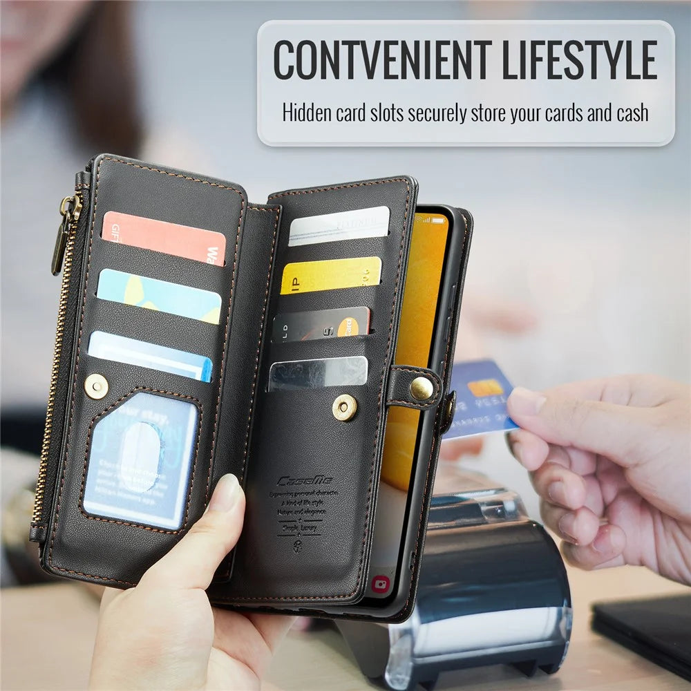 For Samsung Galaxy A72 4G Leather Case CASEME C36 Zipper Multiple Card Slots Phone Cover with Straps - Black - 7