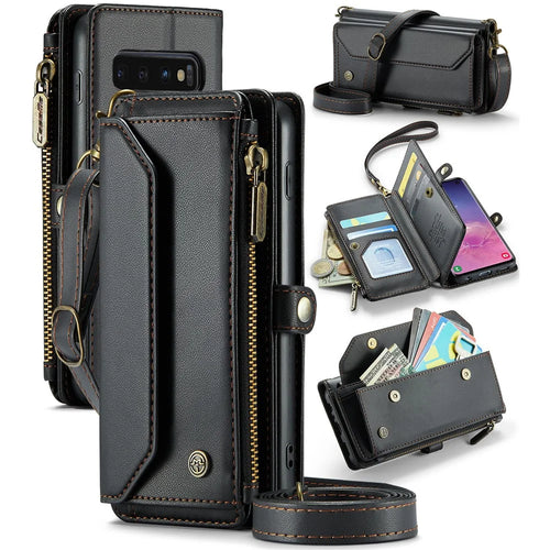 For Samsung Galaxy S10 5G Leather Case CASEME C36 Zipper Multiple Card Slots Phone Cover with Straps - Black - 1