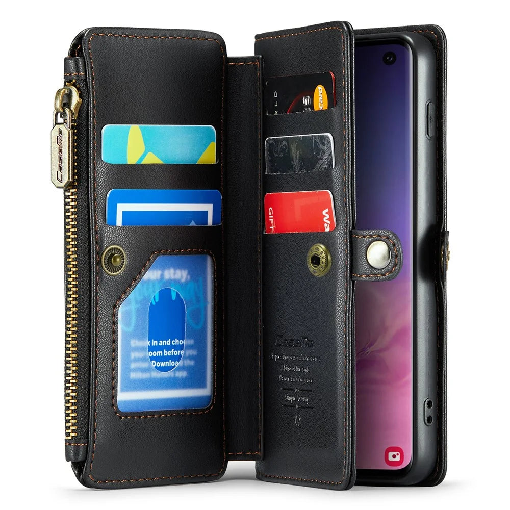 For Samsung Galaxy S10 5G Leather Case CASEME C36 Zipper Multiple Card Slots Phone Cover with Straps - Black - 2
