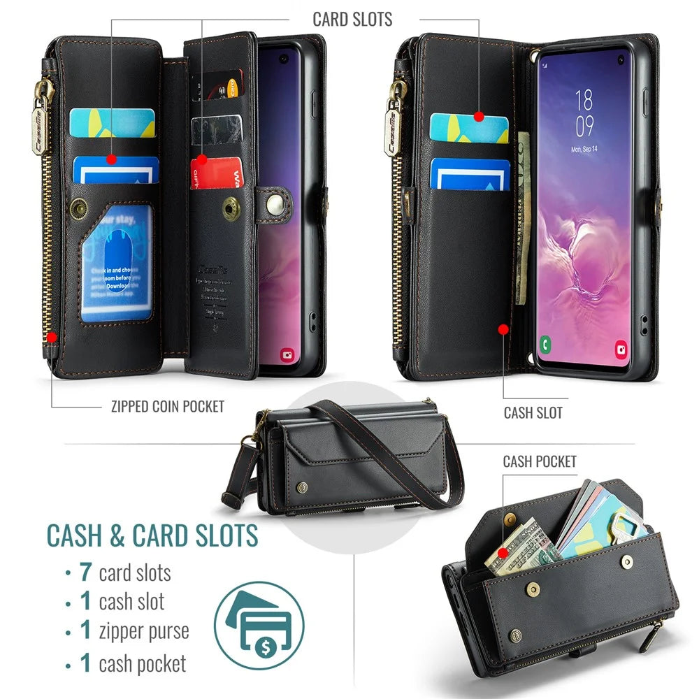 For Samsung Galaxy S10 5G Leather Case CASEME C36 Zipper Multiple Card Slots Phone Cover with Straps - Black - 4